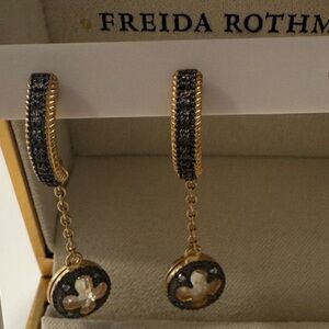 Freida Rothman Signature Black Spinel & Mother-of-Pearl Clover Dangle Earrings